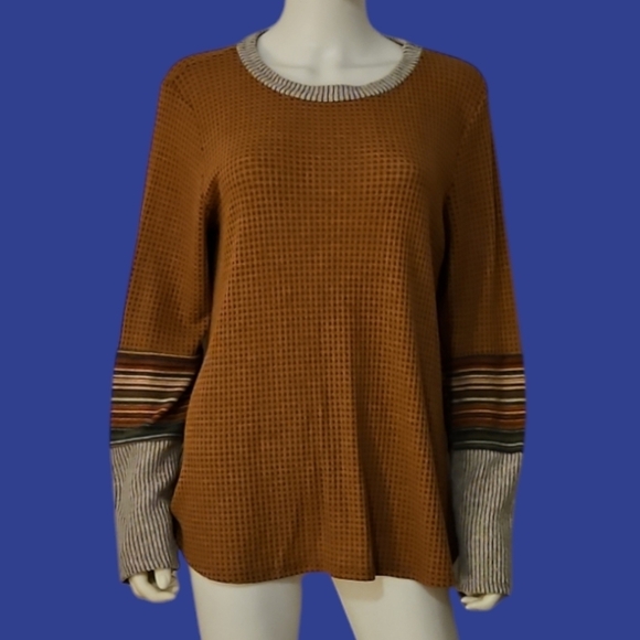 BUCKET LIST Camel Waffle Striped Long Sleeve Oversized Tunic - Picture 1 of 8